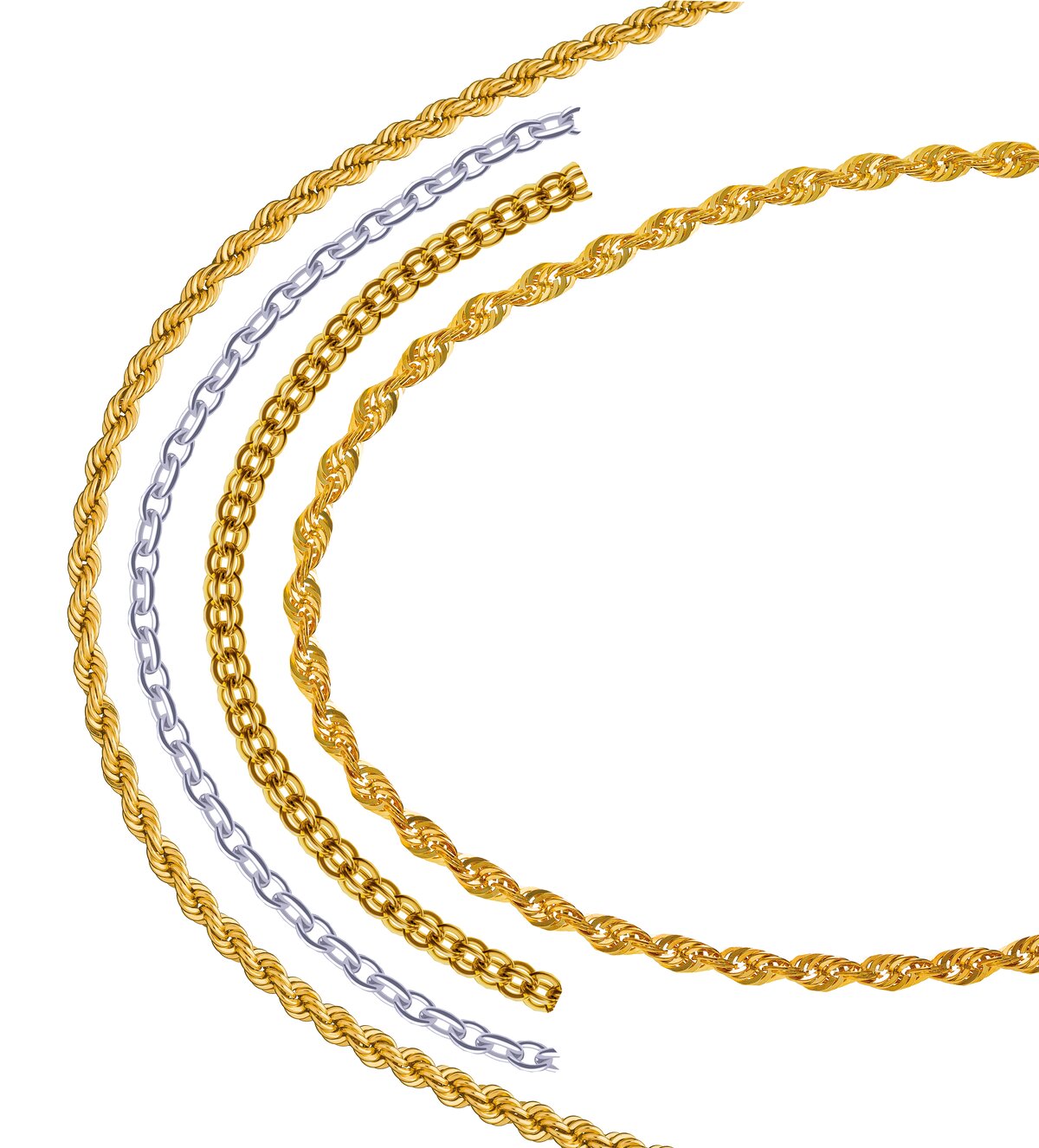 Four chains produced by the Ciemmeo SRM2 multiple rope chain making machine, three in yellow gold and one silver-coloured